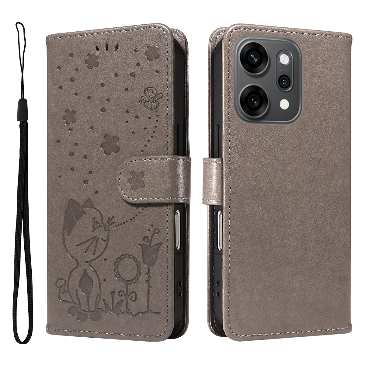 For Oppo Reno14 Pro 5G (China) / Oppo Reno14 Pro 5G (Global) Leather Wallet Case Cat Bee Pattern Phone Cover Stand - Grey