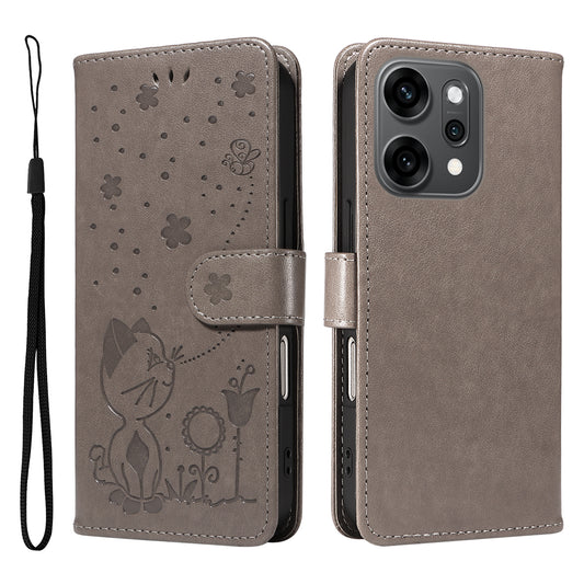 For Oppo Reno14 Pro 5G (China) / Oppo Reno14 Pro 5G (Global) Leather Wallet Case Cat Bee Pattern Phone Cover Stand - Grey