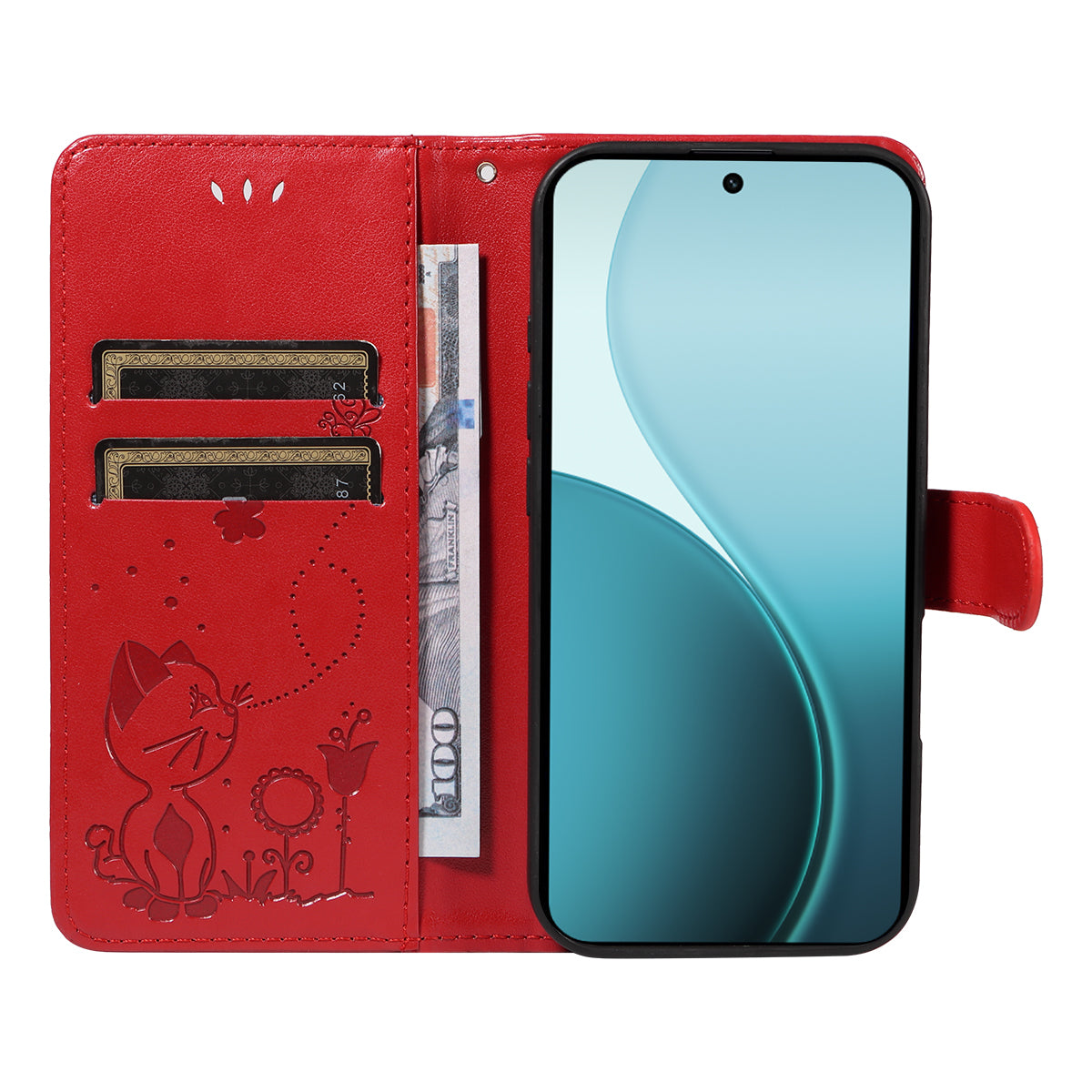For Oppo Reno14 Pro 5G (China) / Oppo Reno14 Pro 5G (Global) Leather Wallet Case Cat Bee Pattern Phone Cover Stand - Red
