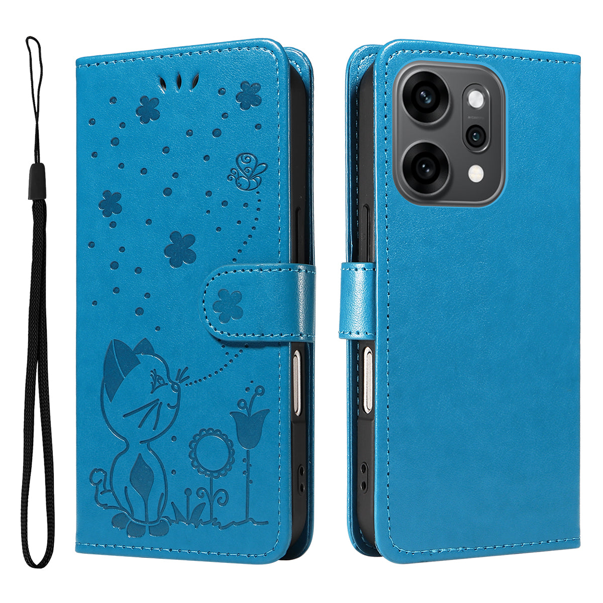 For Oppo Reno14 Pro 5G (China) / Oppo Reno14 Pro 5G (Global) Leather Wallet Case Cat Bee Pattern Phone Cover Stand - Blue