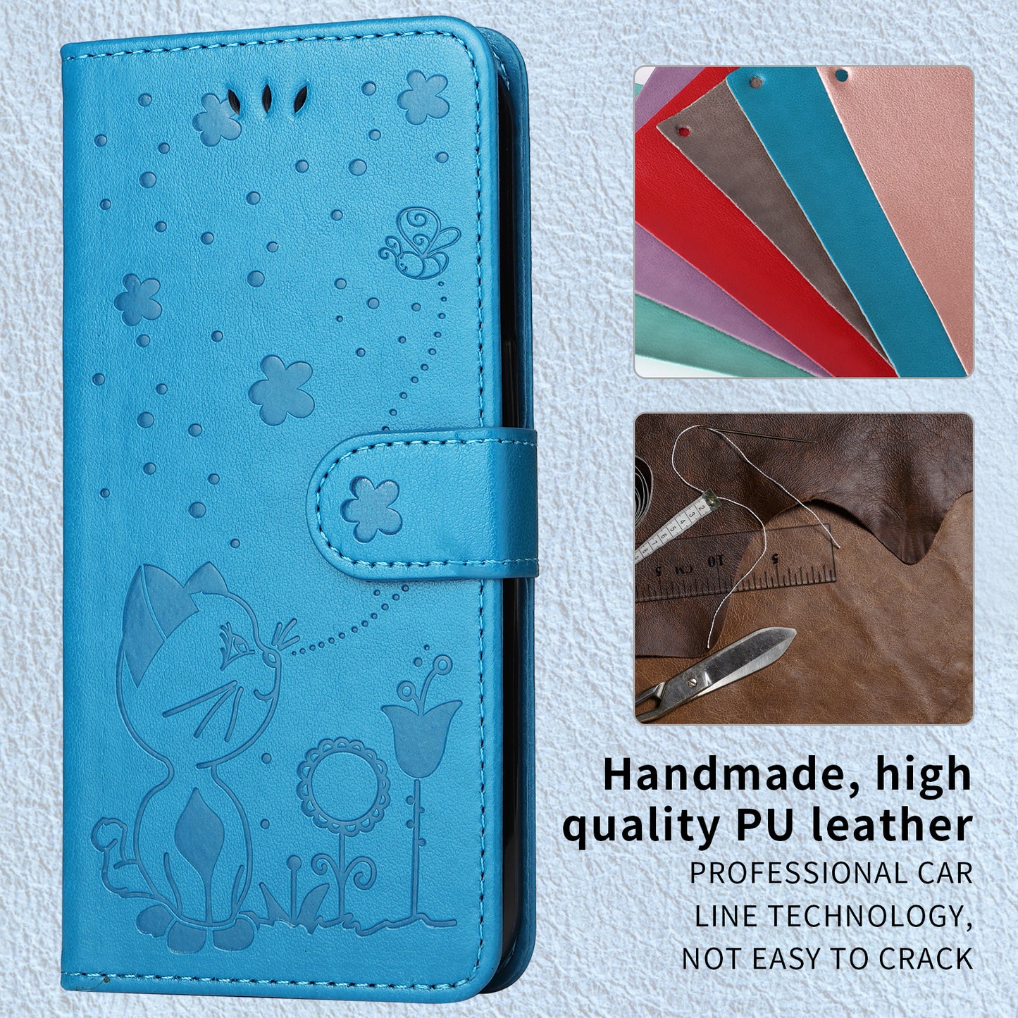 For Oppo Reno14 Pro 5G (China) / Oppo Reno14 Pro 5G (Global) Leather Wallet Case Cat Bee Pattern Phone Cover Stand - Blue