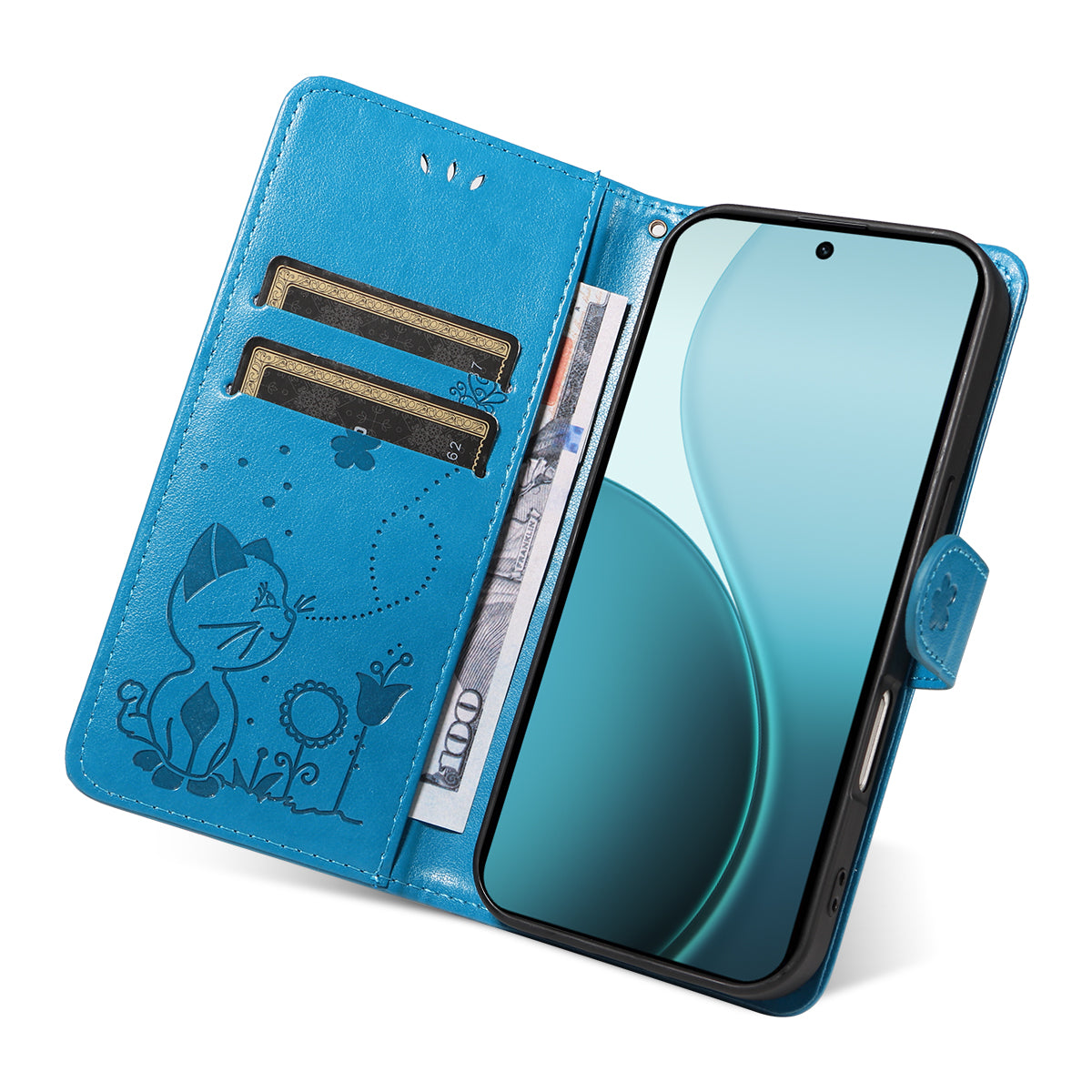 For Oppo Reno14 Pro 5G (China) / Oppo Reno14 Pro 5G (Global) Leather Wallet Case Cat Bee Pattern Phone Cover Stand - Blue