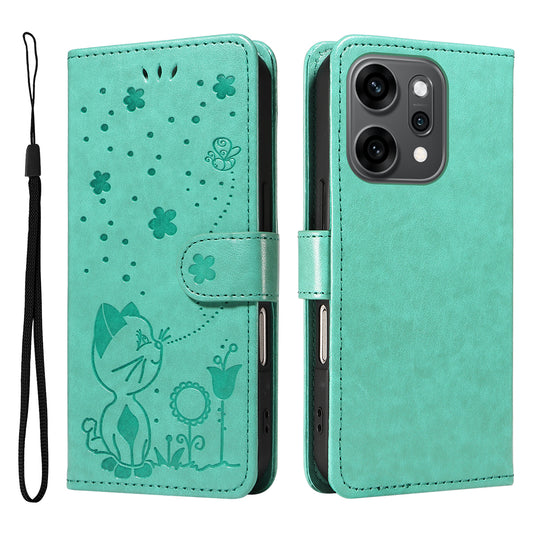 For Oppo Reno14 Pro 5G (China) / Oppo Reno14 Pro 5G (Global) Leather Wallet Case Cat Bee Pattern Phone Cover Stand - Green