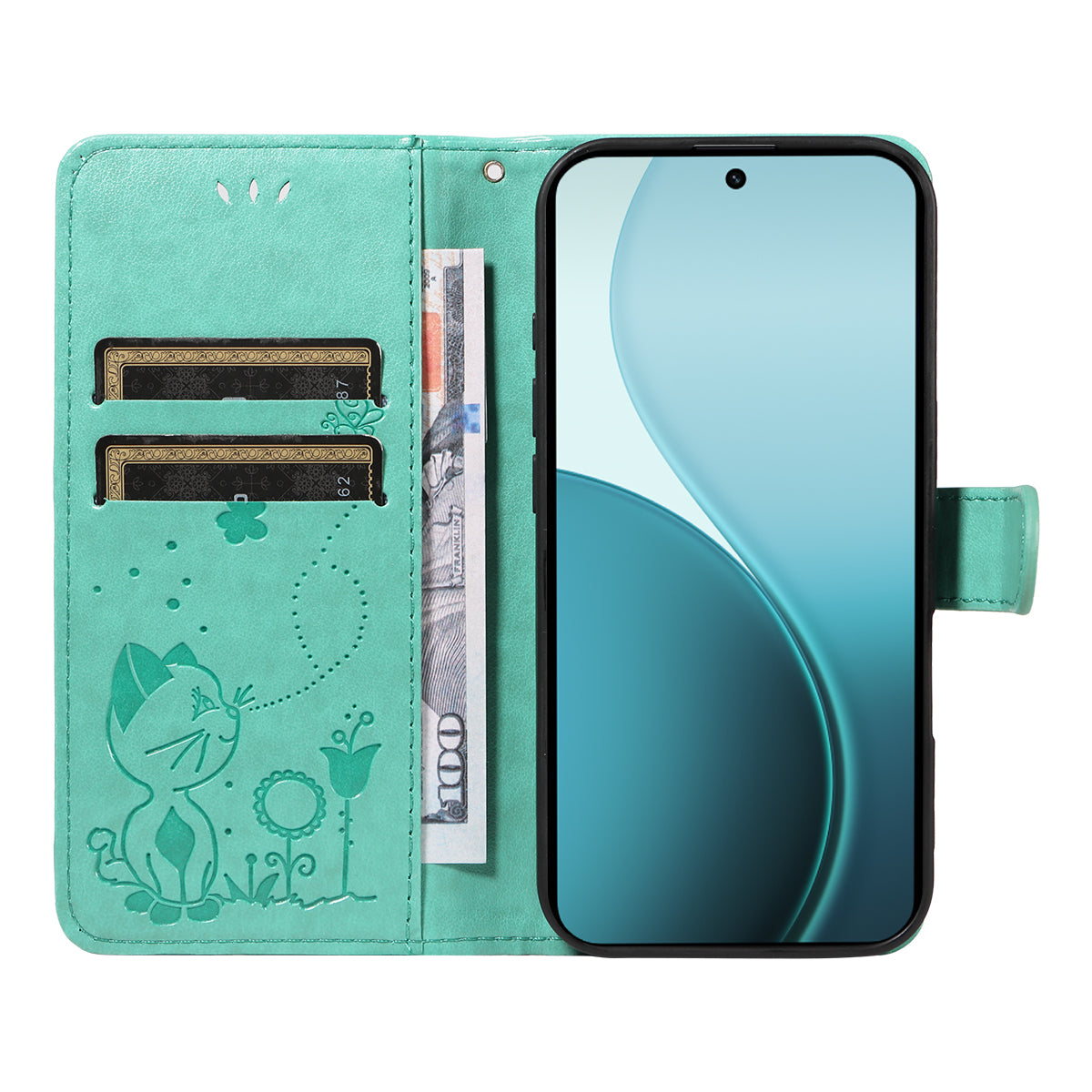 For Oppo Reno14 Pro 5G (China) / Oppo Reno14 Pro 5G (Global) Leather Wallet Case Cat Bee Pattern Phone Cover Stand - Green