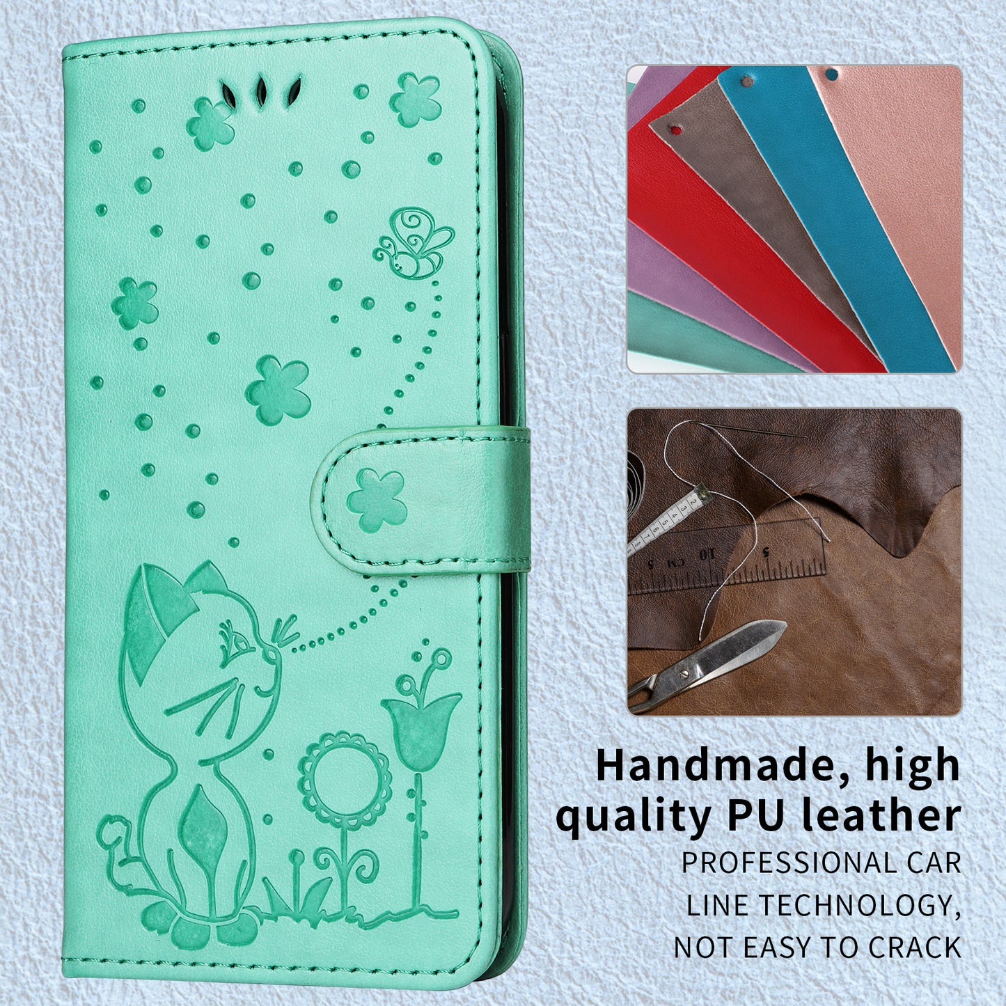 For Oppo Reno14 Pro 5G (China) / Oppo Reno14 Pro 5G (Global) Leather Wallet Case Cat Bee Pattern Phone Cover Stand - Green
