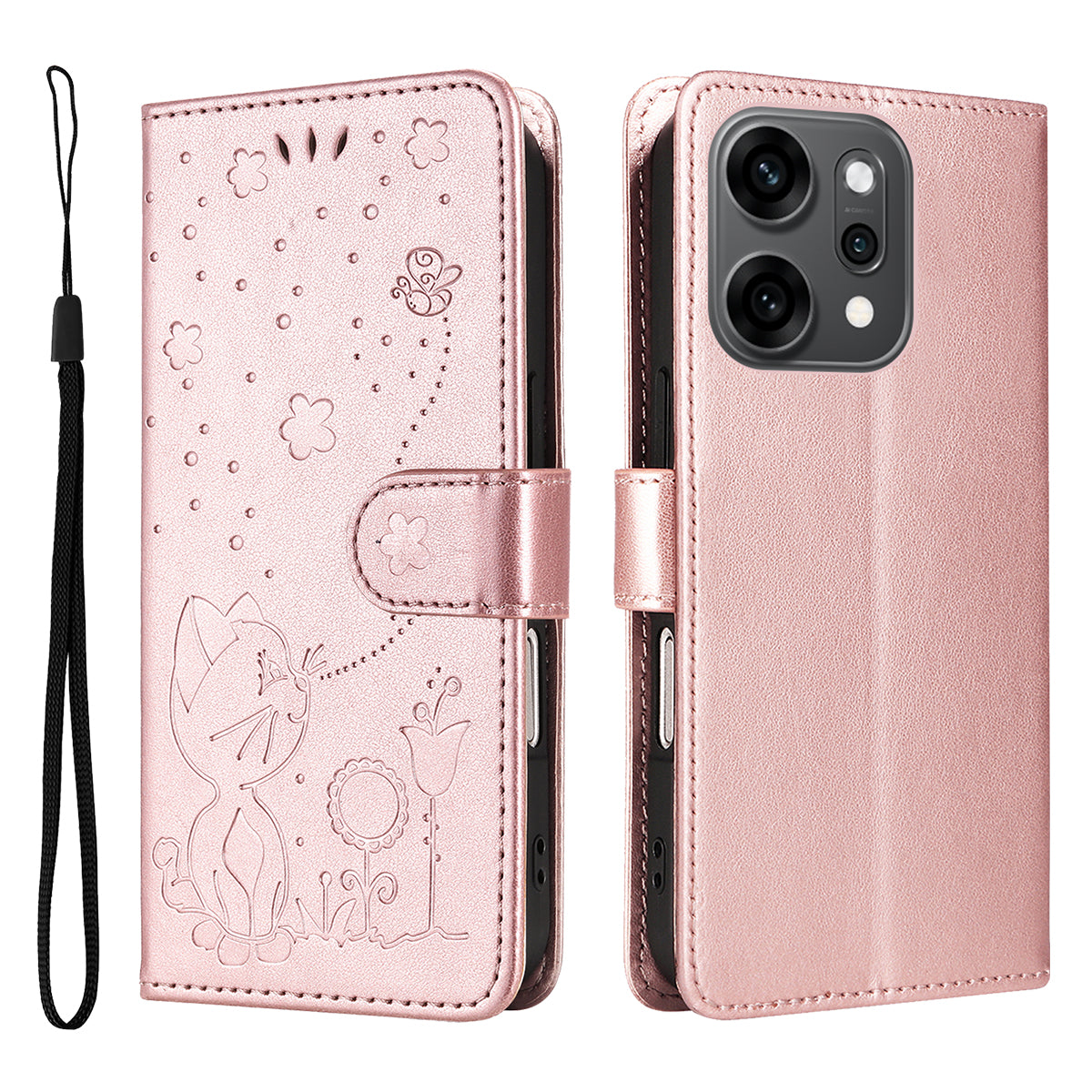For Oppo Reno14 Pro 5G (China) / Oppo Reno14 Pro 5G (Global) Leather Wallet Case Cat Bee Pattern Phone Cover Stand - Rose Gold