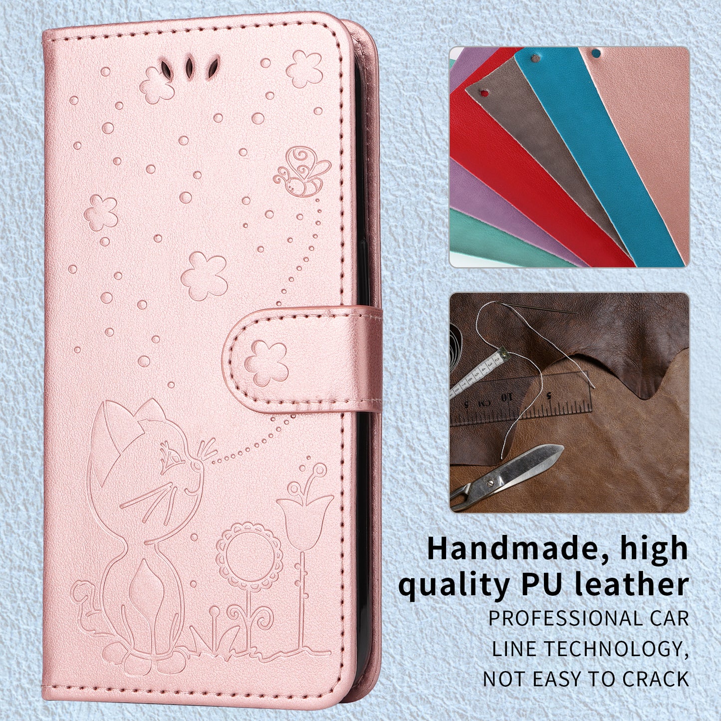 For Oppo Reno14 Pro 5G (China) / Oppo Reno14 Pro 5G (Global) Leather Wallet Case Cat Bee Pattern Phone Cover Stand - Rose Gold