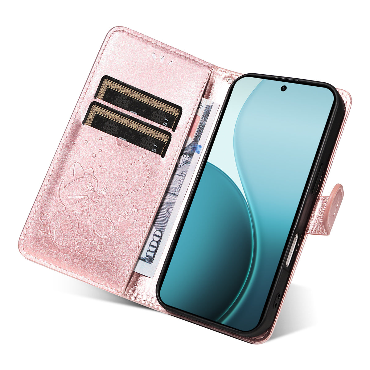 For Oppo Reno14 Pro 5G (China) / Oppo Reno14 Pro 5G (Global) Leather Wallet Case Cat Bee Pattern Phone Cover Stand - Rose Gold