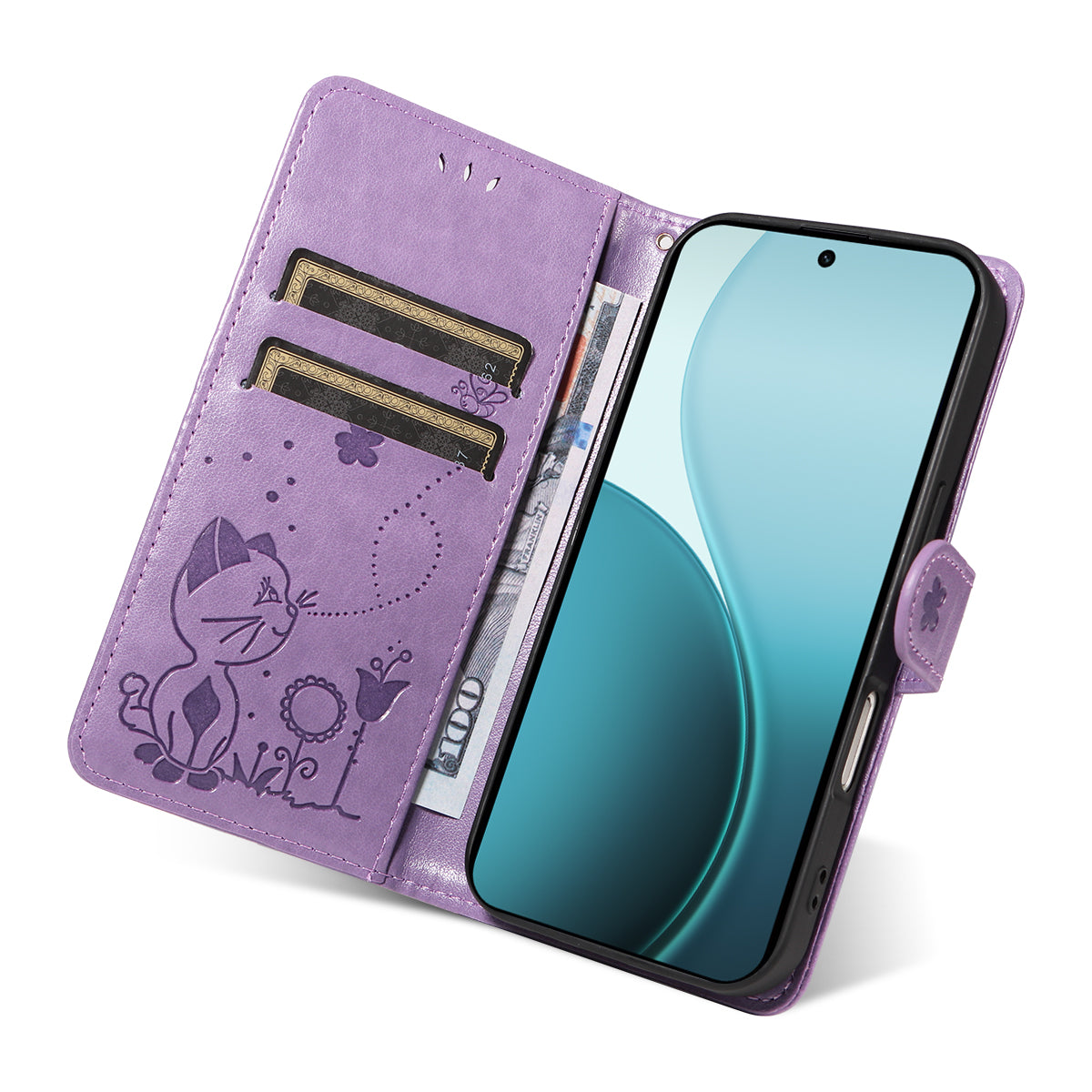 For Oppo Reno14 Pro 5G (China) / Oppo Reno14 Pro 5G (Global) Leather Wallet Case Cat Bee Pattern Phone Cover Stand - Purple