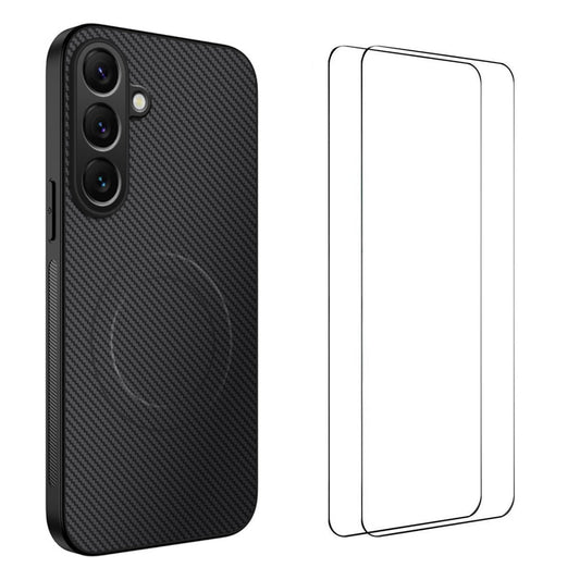 For Samsung Galaxy A17 5G Magnetic Case WANLONFENG TQ1 Series Carbon Fiber Texture PC TPU Phone Cover with 2Pcs Screen Films - Black