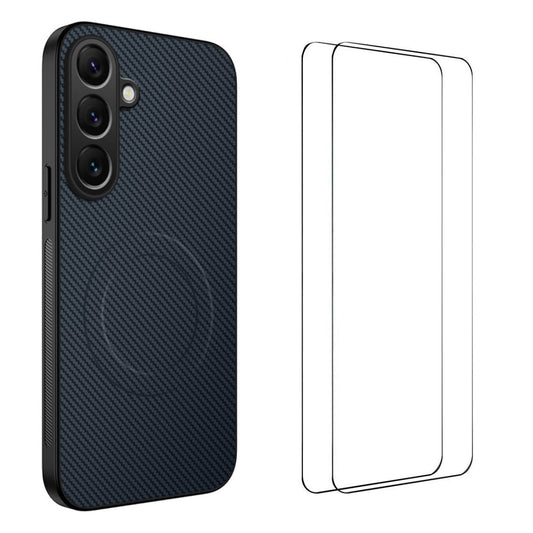 For Samsung Galaxy A17 5G Magnetic Case WANLONFENG TQ1 Series Carbon Fiber Texture PC TPU Phone Cover with 2Pcs Screen Films - Sapphire