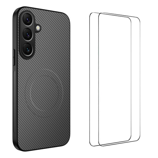 For Samsung Galaxy A17 5G Magnetic Case WANLONFENG TQ1 Series Carbon Fiber Texture PC TPU Phone Cover with 2Pcs Screen Films - Grey