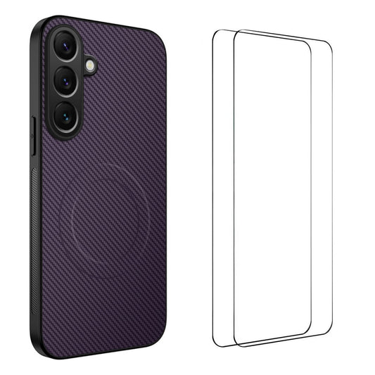 For Samsung Galaxy A17 5G Magnetic Case WANLONFENG TQ1 Series Carbon Fiber Texture PC TPU Phone Cover with 2Pcs Screen Films - Purple