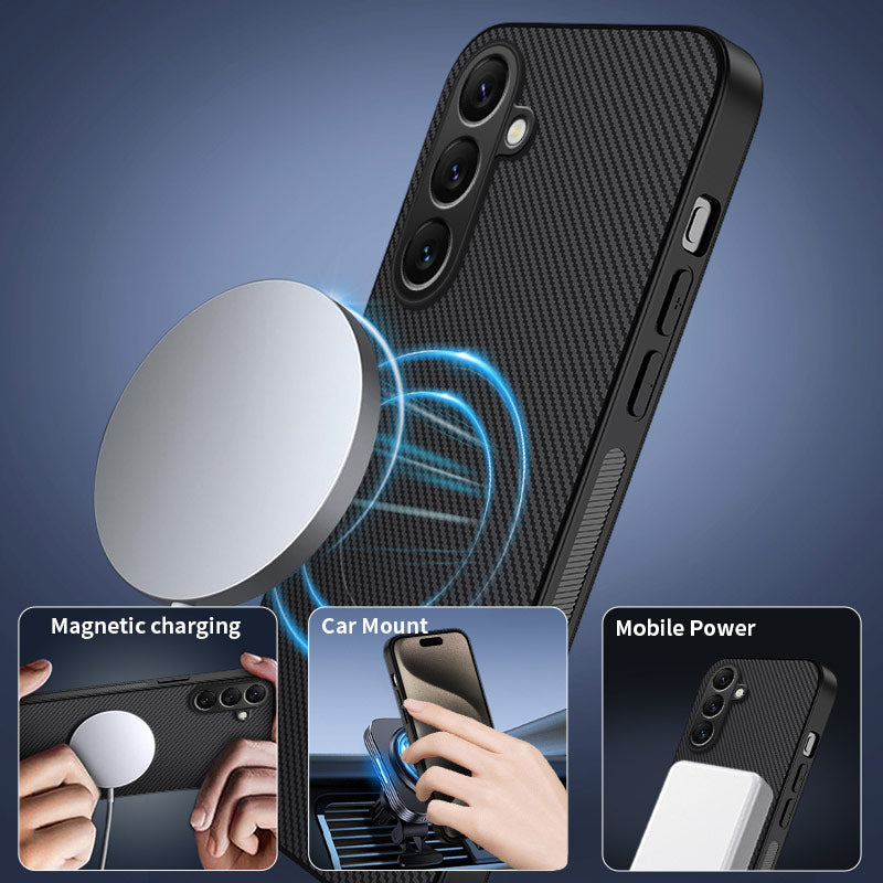 For Samsung Galaxy A17 5G Magnetic Case WANLONFENG TQ1 Series Carbon Fiber Texture PC TPU Phone Cover with 2Pcs Screen Films - Purple