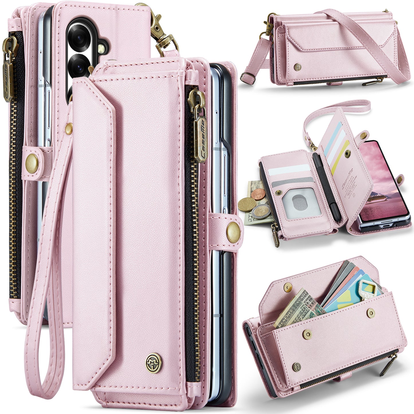 For Samsung Galaxy Z Fold7 5G Leather Case CASEME C36 Zipper 10 Card Slots Phone Cover with Straps - Pink