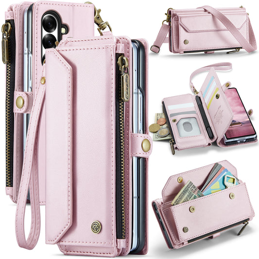For Samsung Galaxy Z Fold7 5G Leather Case CASEME C36 Zipper 10 Card Slots Phone Cover with Straps - Pink