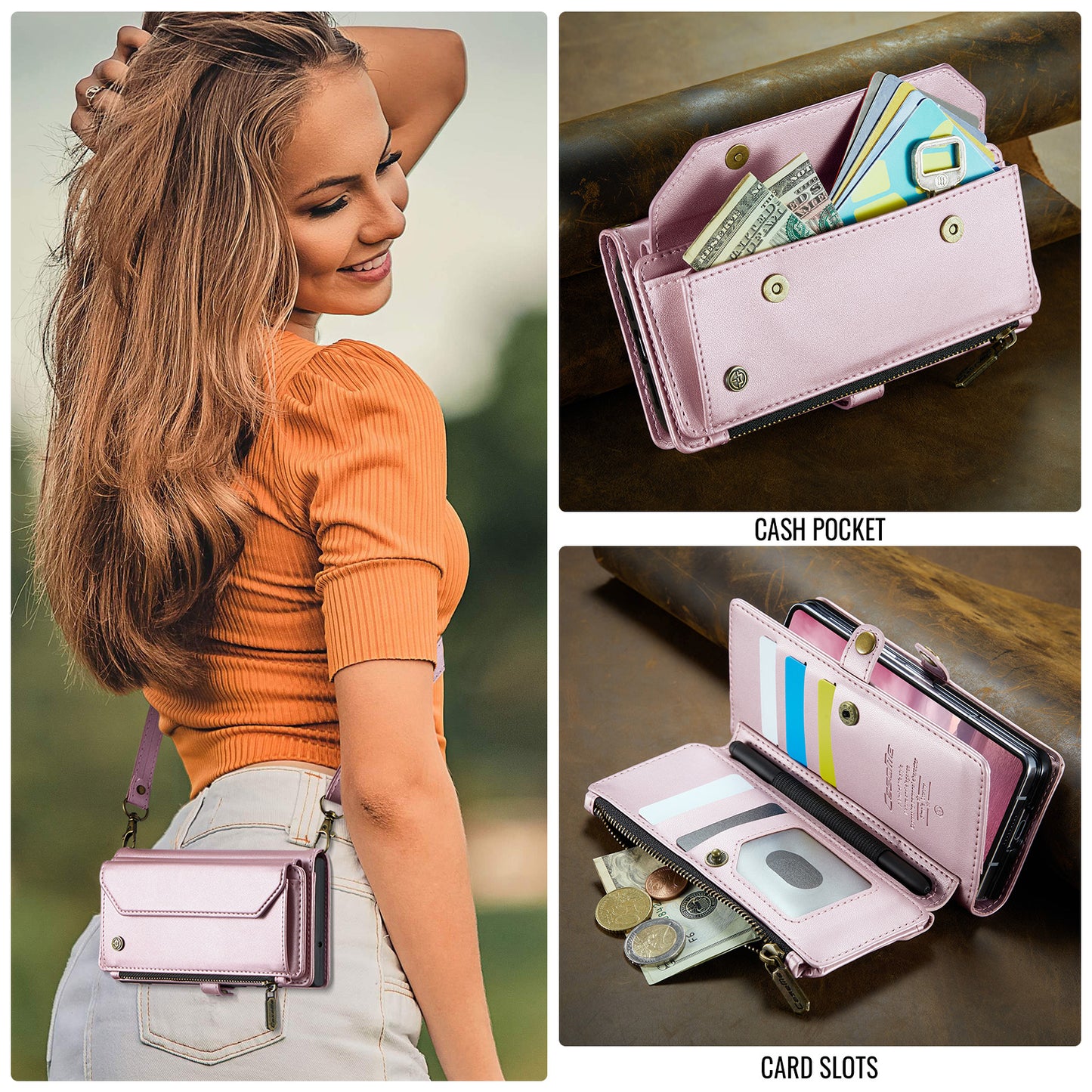 For Samsung Galaxy Z Fold7 5G Leather Case CASEME C36 Zipper 10 Card Slots Phone Cover with Straps - Pink