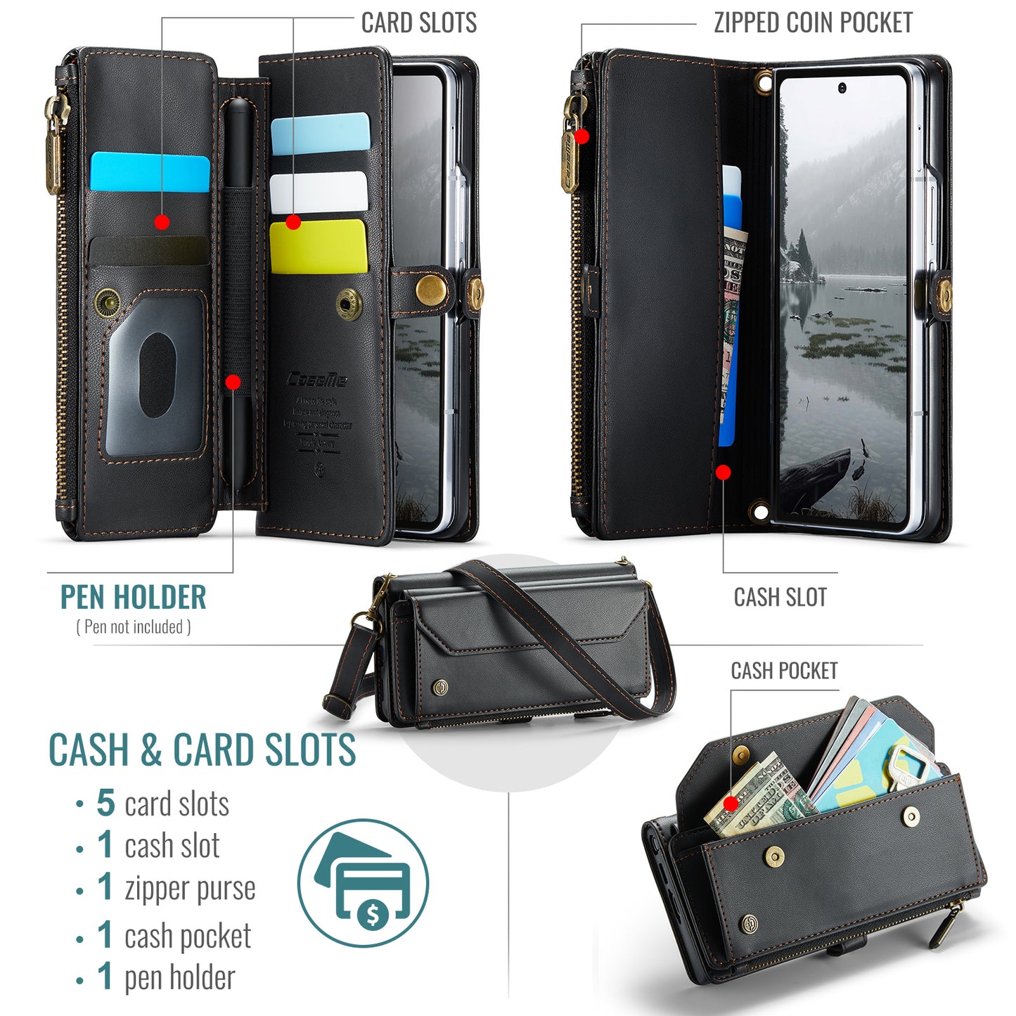 For Samsung Galaxy Z Fold7 5G Leather Case CASEME C36 Zipper 10 Card Slots Phone Cover with Straps - Black