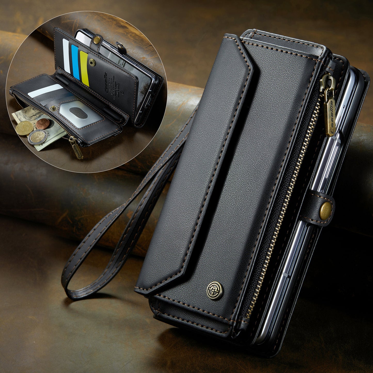 For Samsung Galaxy Z Fold7 5G Leather Case CASEME C36 Zipper 10 Card Slots Phone Cover with Straps - Black