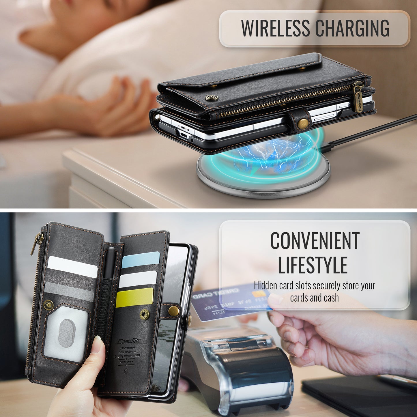 For Samsung Galaxy Z Fold7 5G Leather Case CASEME C36 Zipper 10 Card Slots Phone Cover with Straps - Black