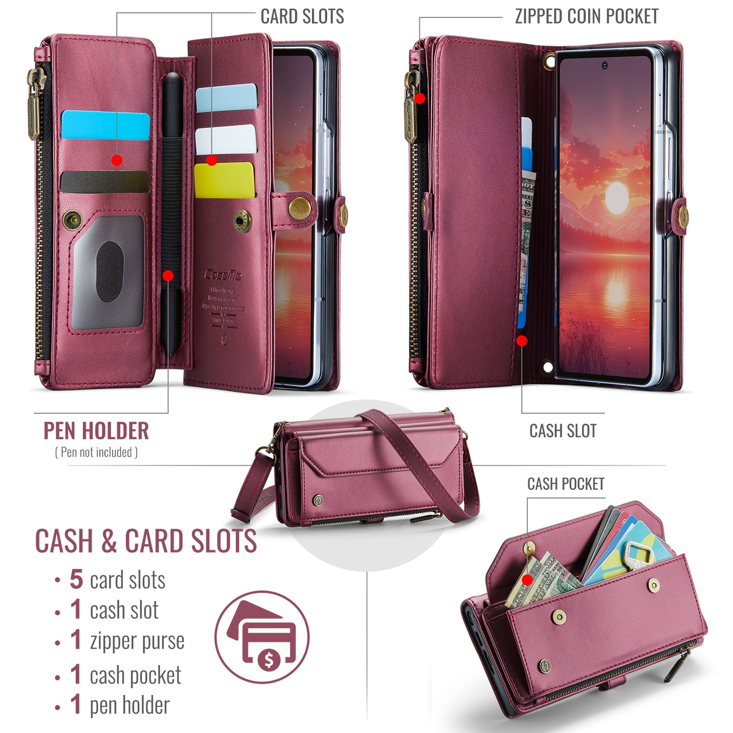 For Samsung Galaxy Z Fold7 5G Leather Case CASEME C36 Zipper 10 Card Slots Phone Cover with Straps - Red