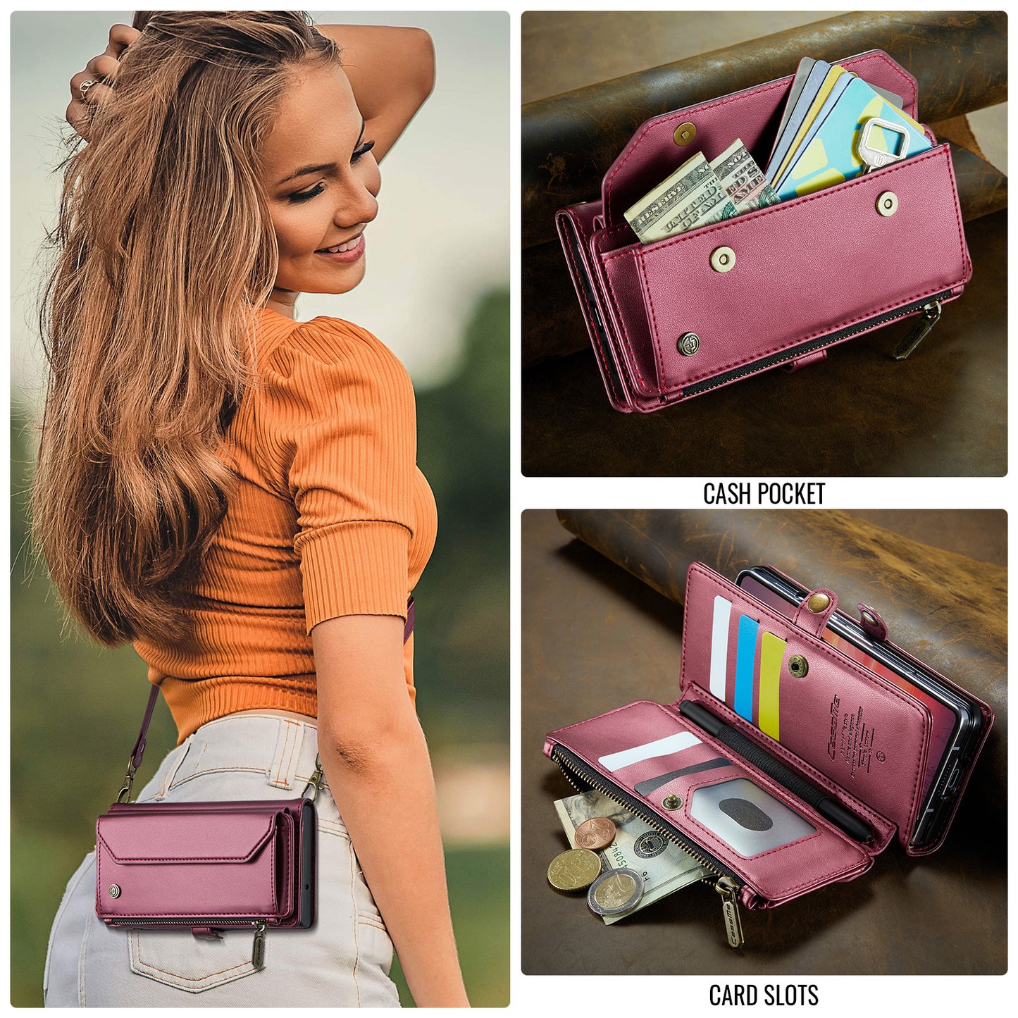 For Samsung Galaxy Z Fold7 5G Leather Case CASEME C36 Zipper 10 Card Slots Phone Cover with Straps - Red