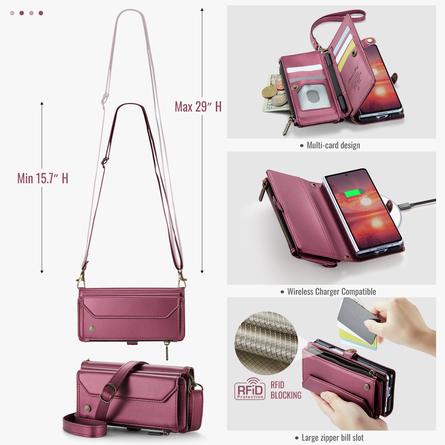 For Samsung Galaxy Z Fold7 5G Leather Case CASEME C36 Zipper 10 Card Slots Phone Cover with Straps - Red