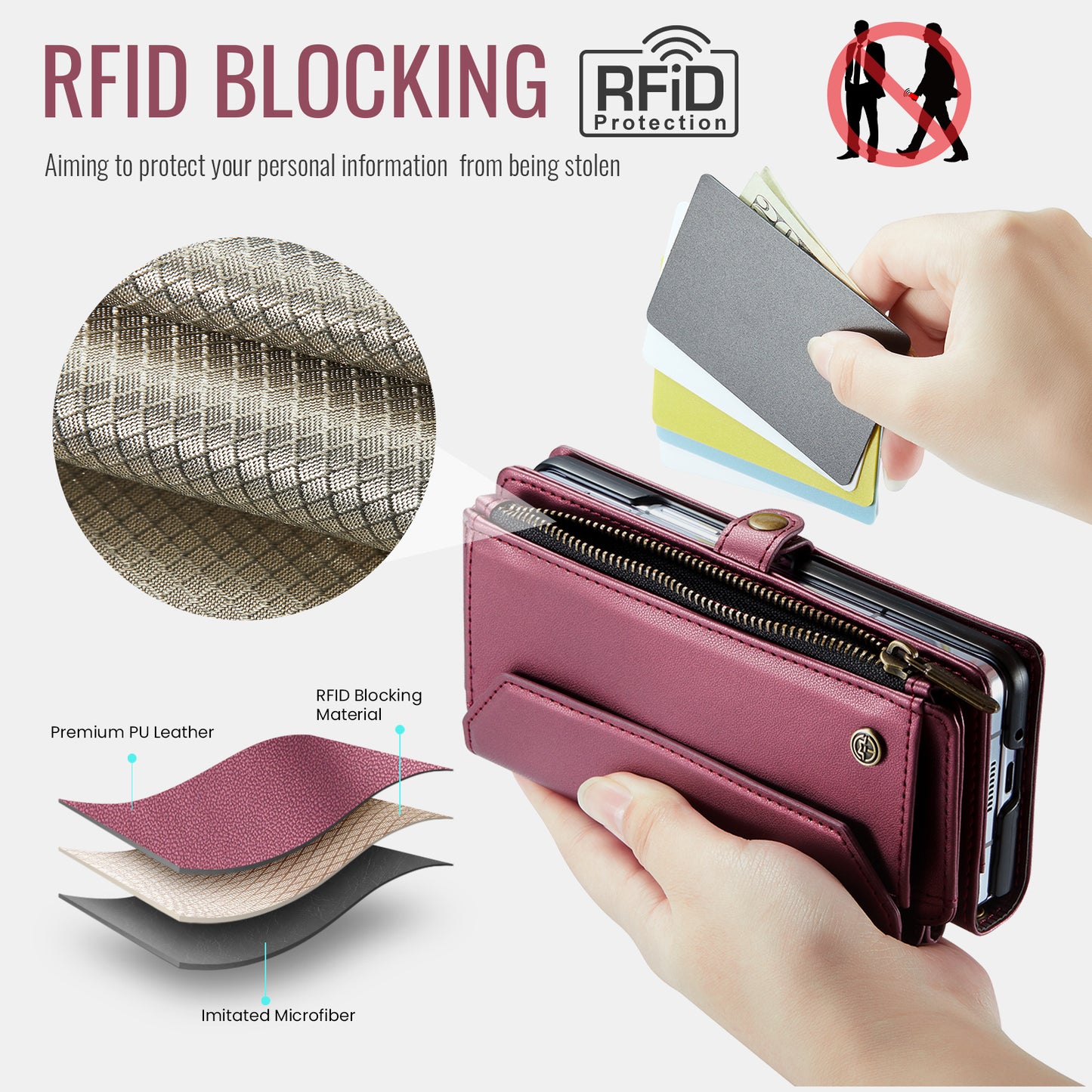 For Samsung Galaxy Z Fold7 5G Leather Case CASEME C36 Zipper 10 Card Slots Phone Cover with Straps - Red