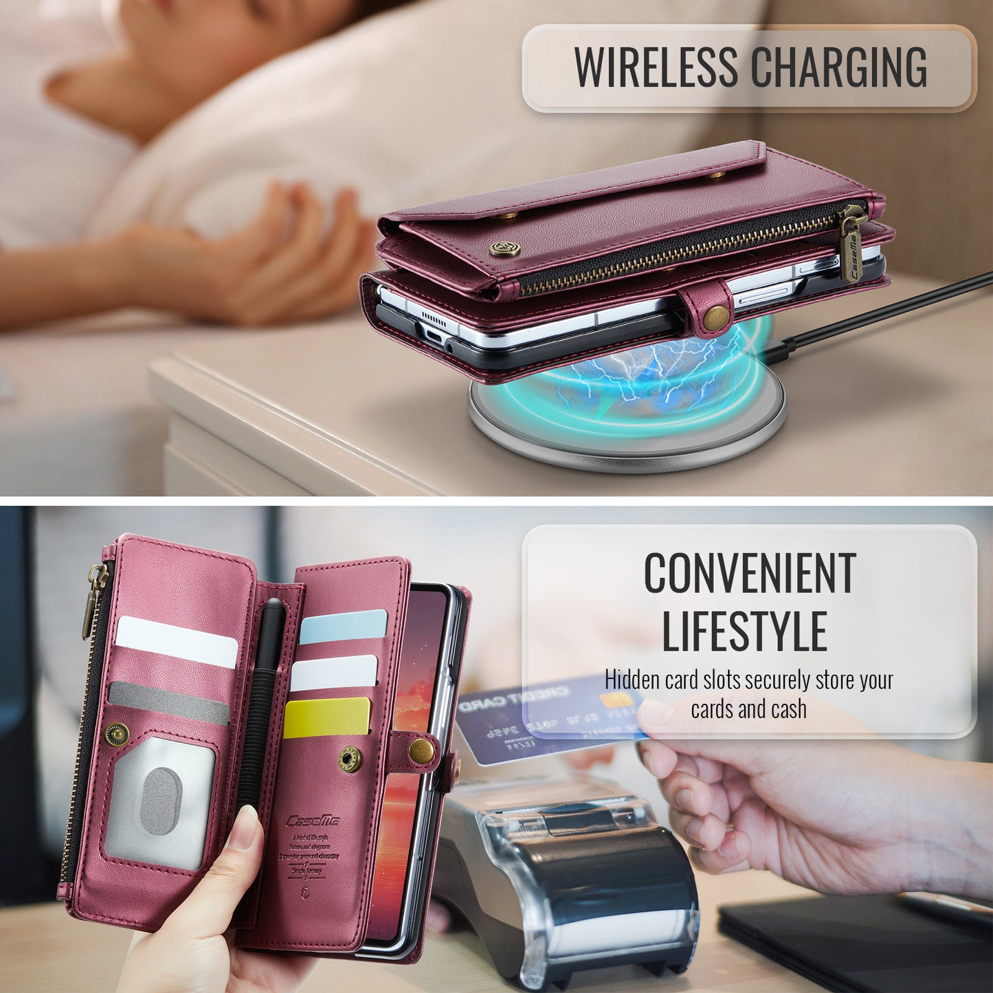 For Samsung Galaxy Z Fold7 5G Leather Case CASEME C36 Zipper 10 Card Slots Phone Cover with Straps - Red