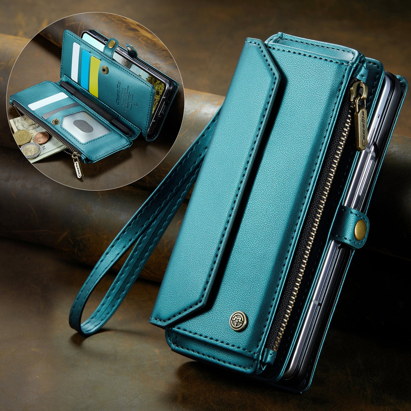 For Samsung Galaxy Z Fold7 5G Leather Case CASEME C36 Zipper 10 Card Slots Phone Cover with Straps - Green