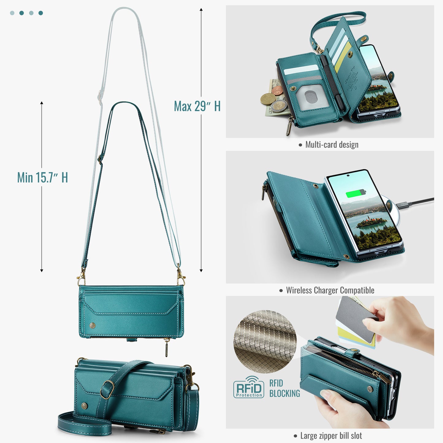 For Samsung Galaxy Z Fold7 5G Leather Case CASEME C36 Zipper 10 Card Slots Phone Cover with Straps - Green