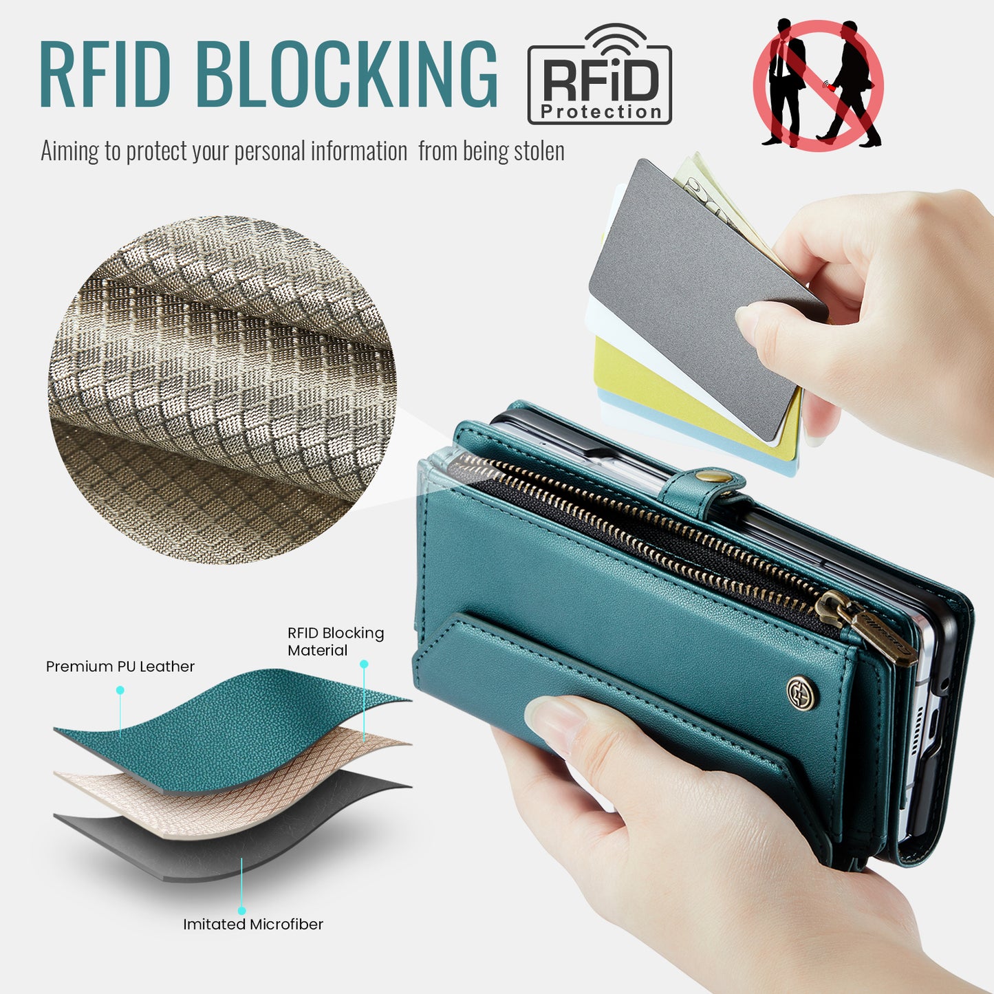 For Samsung Galaxy Z Fold7 5G Leather Case CASEME C36 Zipper 10 Card Slots Phone Cover with Straps - Green