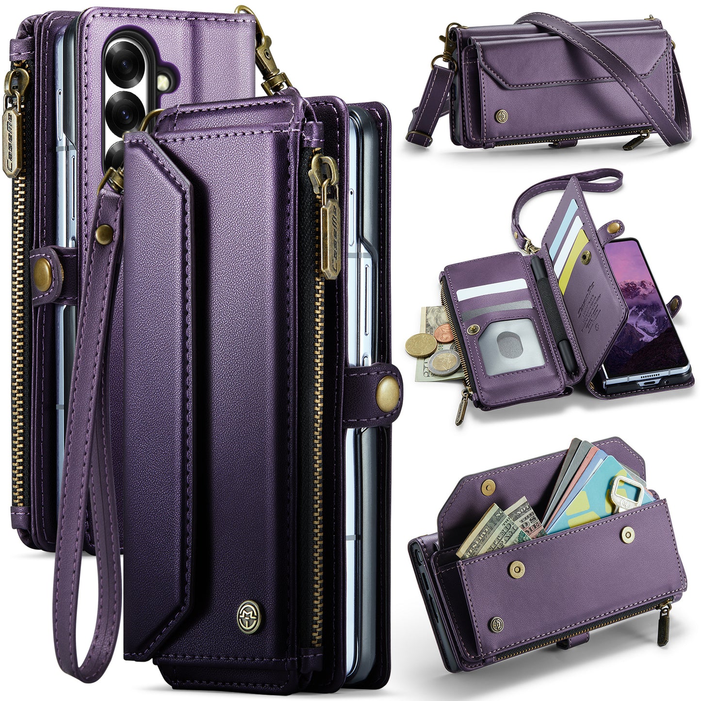 For Samsung Galaxy Z Fold7 5G Leather Case CASEME C36 Zipper 10 Card Slots Phone Cover with Straps - Purple