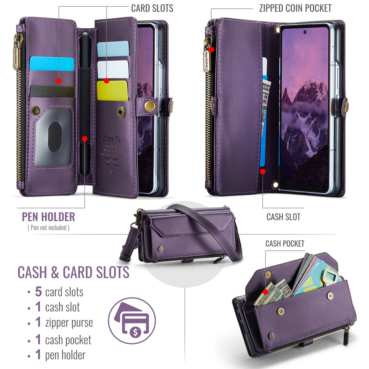 For Samsung Galaxy Z Fold7 5G Leather Case CASEME C36 Zipper 10 Card Slots Phone Cover with Straps - Purple