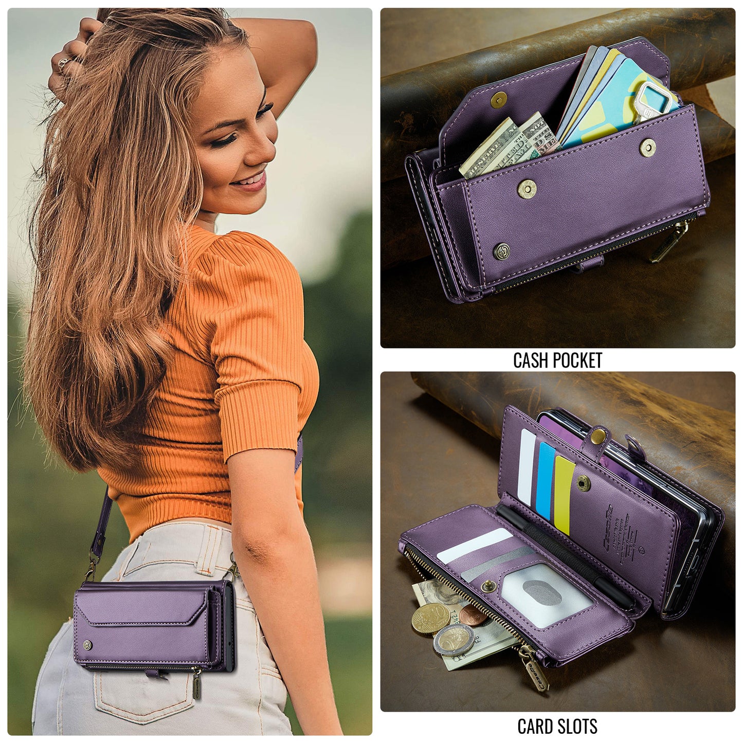 For Samsung Galaxy Z Fold7 5G Leather Case CASEME C36 Zipper 10 Card Slots Phone Cover with Straps - Purple