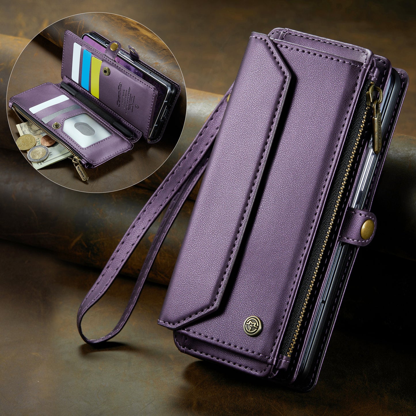 For Samsung Galaxy Z Fold7 5G Leather Case CASEME C36 Zipper 10 Card Slots Phone Cover with Straps - Purple