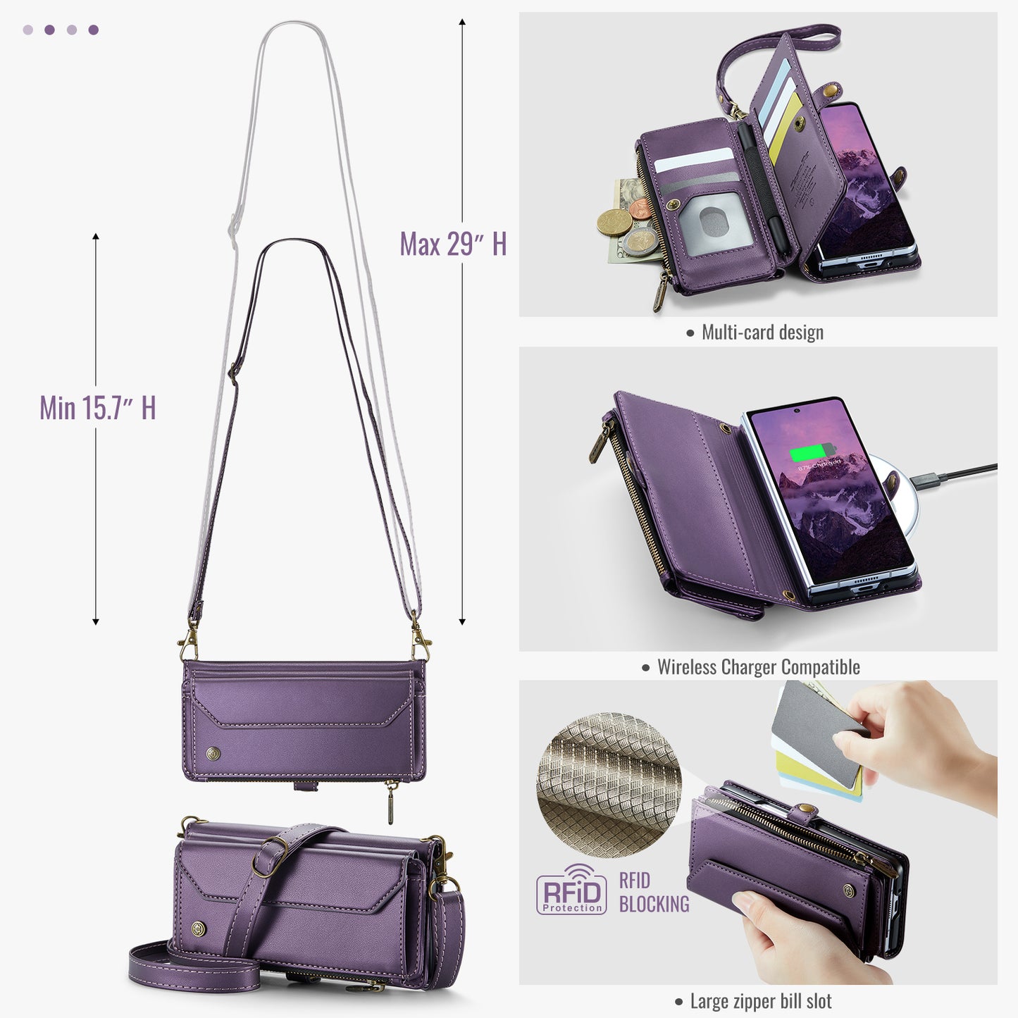 For Samsung Galaxy Z Fold7 5G Leather Case CASEME C36 Zipper 10 Card Slots Phone Cover with Straps - Purple
