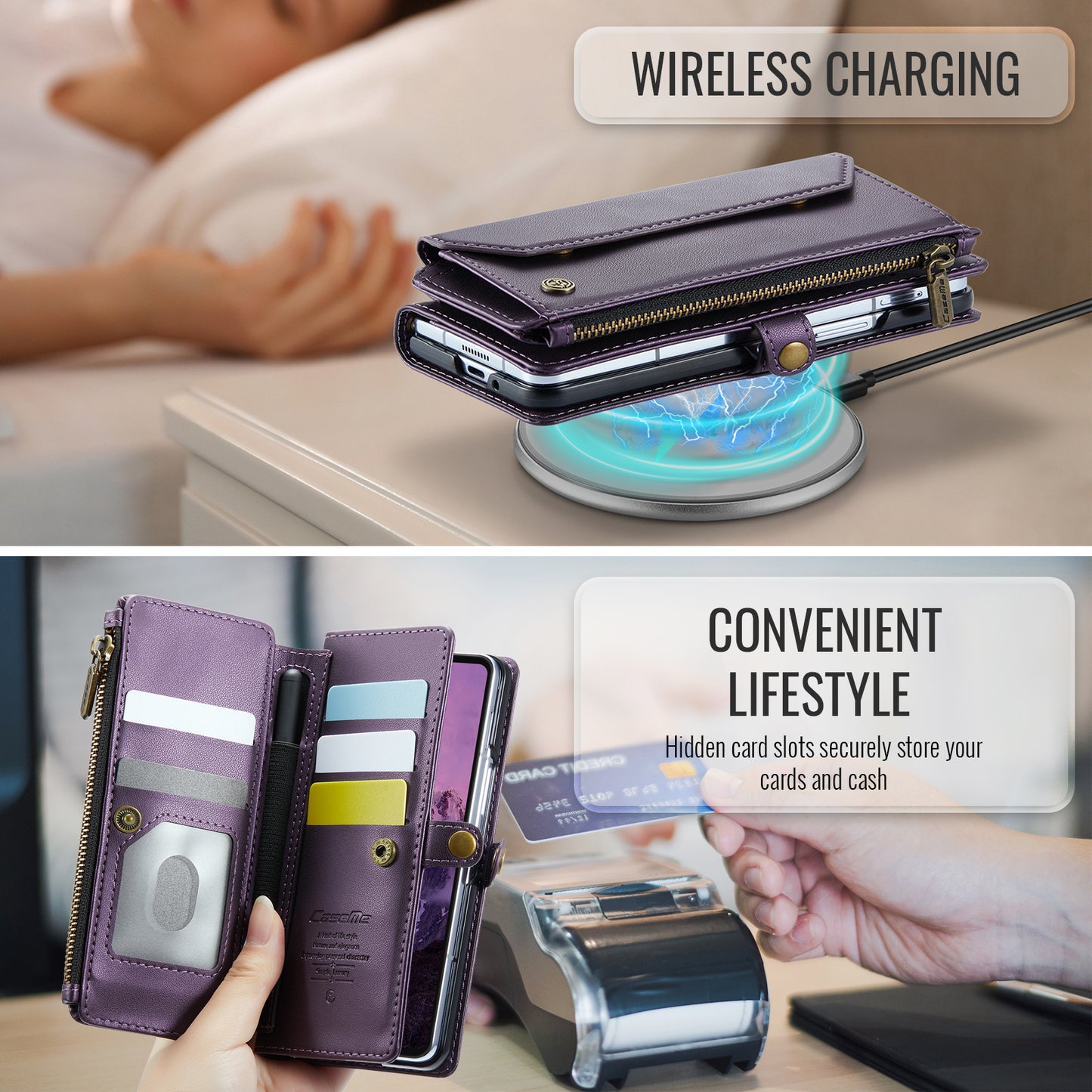 For Samsung Galaxy Z Fold7 5G Leather Case CASEME C36 Zipper 10 Card Slots Phone Cover with Straps - Purple