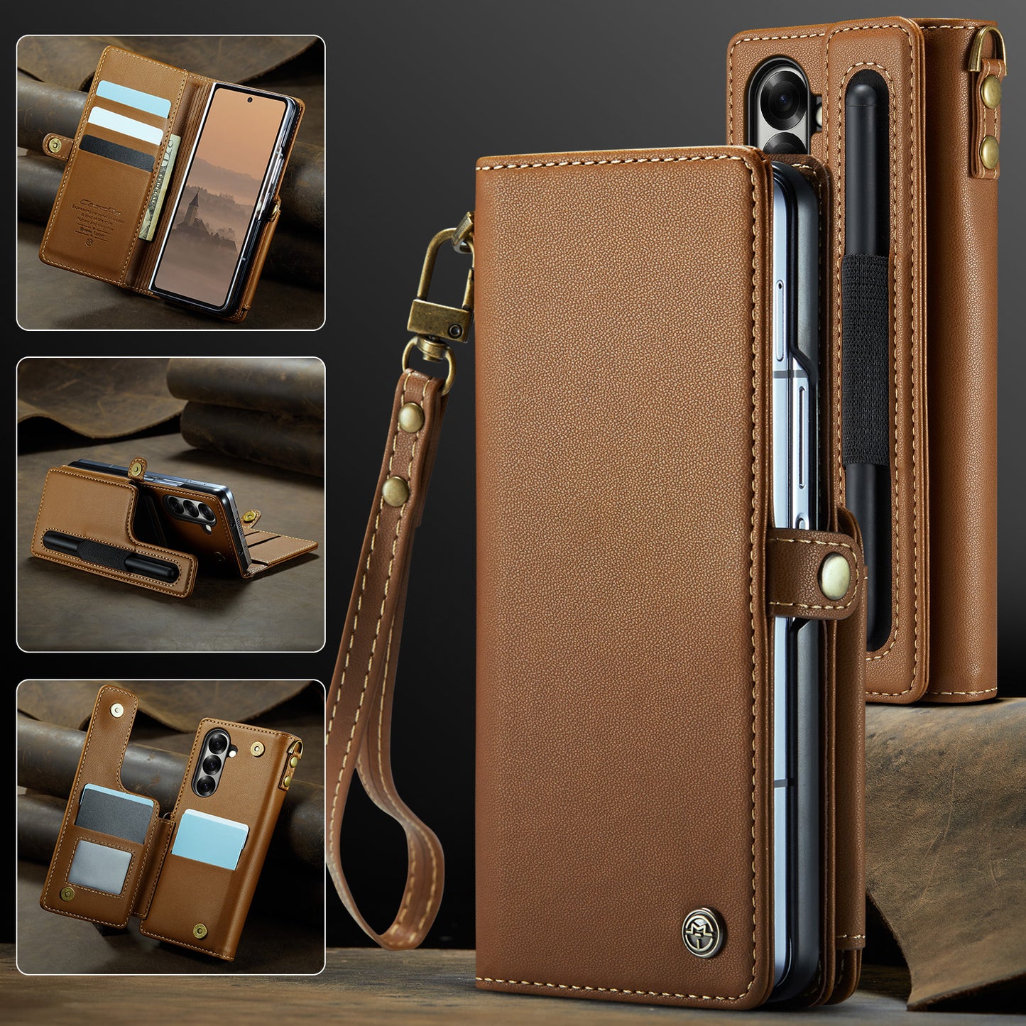 For Samsung Galaxy Z Fold7 5G Case with RFID Blocking 5 Card Slots CASEME C22 Leather Back Cover - Brown