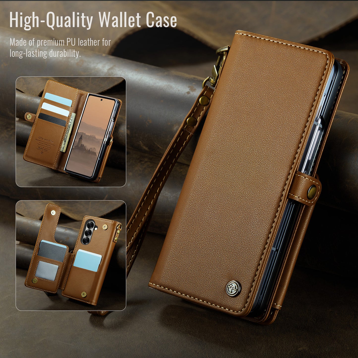 For Samsung Galaxy Z Fold7 5G Case with RFID Blocking 5 Card Slots CASEME C22 Leather Back Cover - Brown