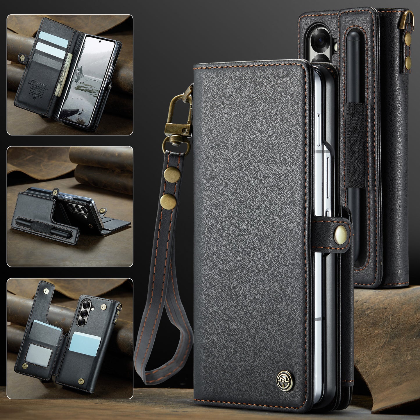 For Samsung Galaxy Z Fold7 5G Case with RFID Blocking 5 Card Slots CASEME C22 Leather Back Cover - Black