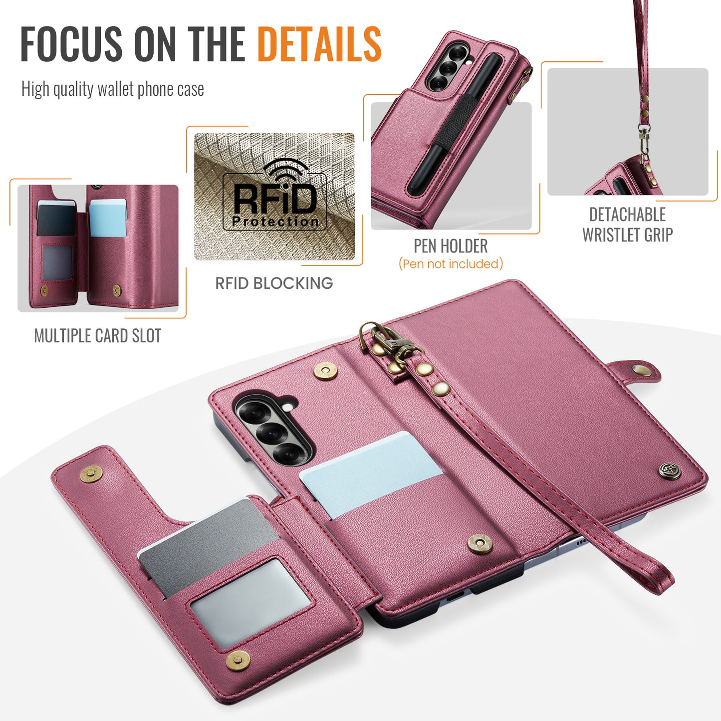 For Samsung Galaxy Z Fold7 5G Case with RFID Blocking 5 Card Slots CASEME C22 Leather Back Cover - Red