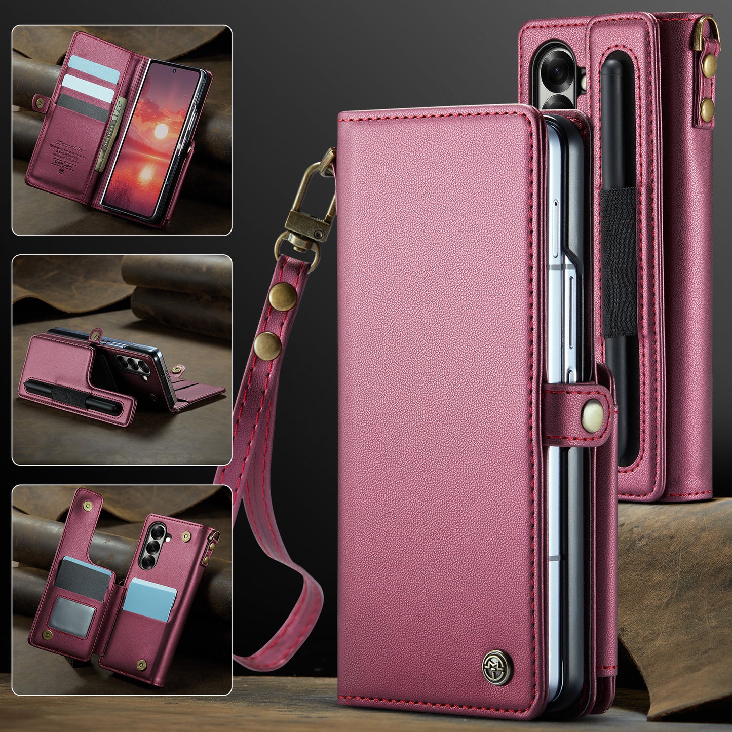 For Samsung Galaxy Z Fold7 5G Case with RFID Blocking 5 Card Slots CASEME C22 Leather Back Cover - Red