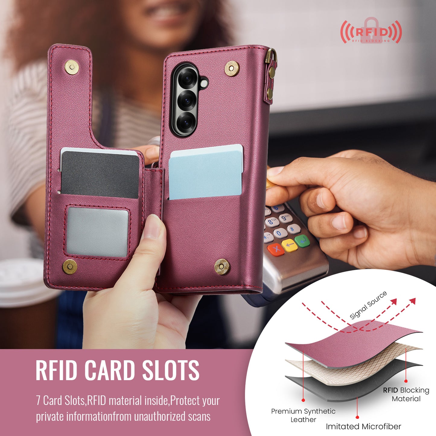 For Samsung Galaxy Z Fold7 5G Case with RFID Blocking 5 Card Slots CASEME C22 Leather Back Cover - Red