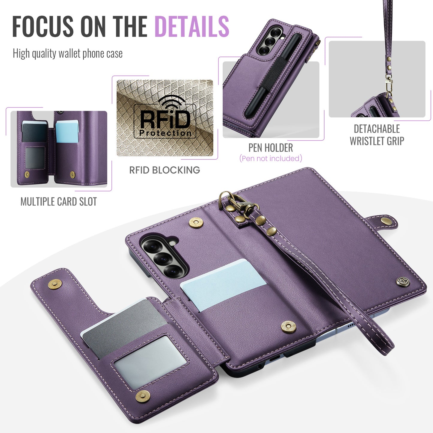 For Samsung Galaxy Z Fold7 5G Case with RFID Blocking 5 Card Slots CASEME C22 Leather Back Cover - Purple