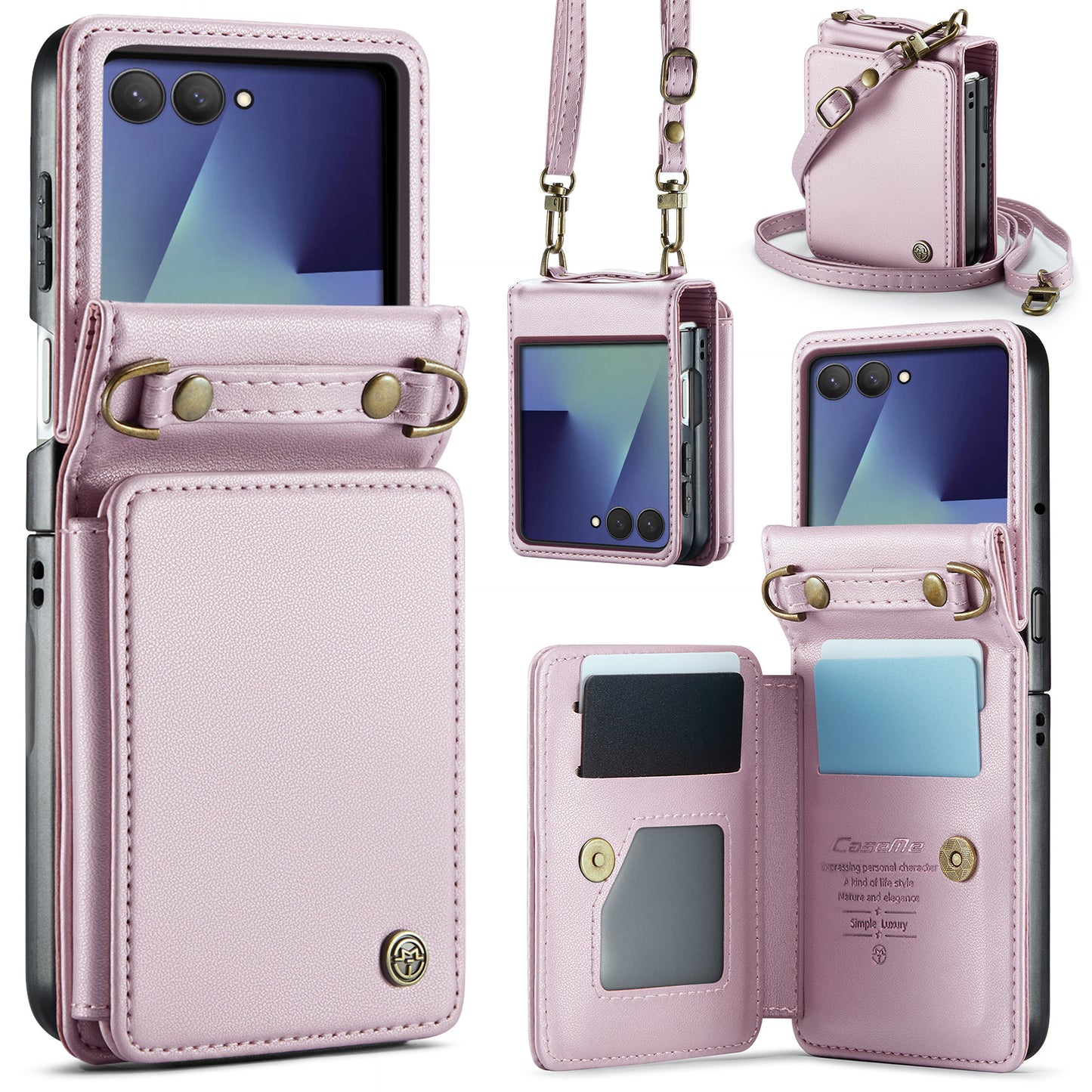 For Samsung Galaxy Z Flip7 5G Case with RFID Blocking 5 Card Slots CASEME C22 Leather Back Cover - Pink