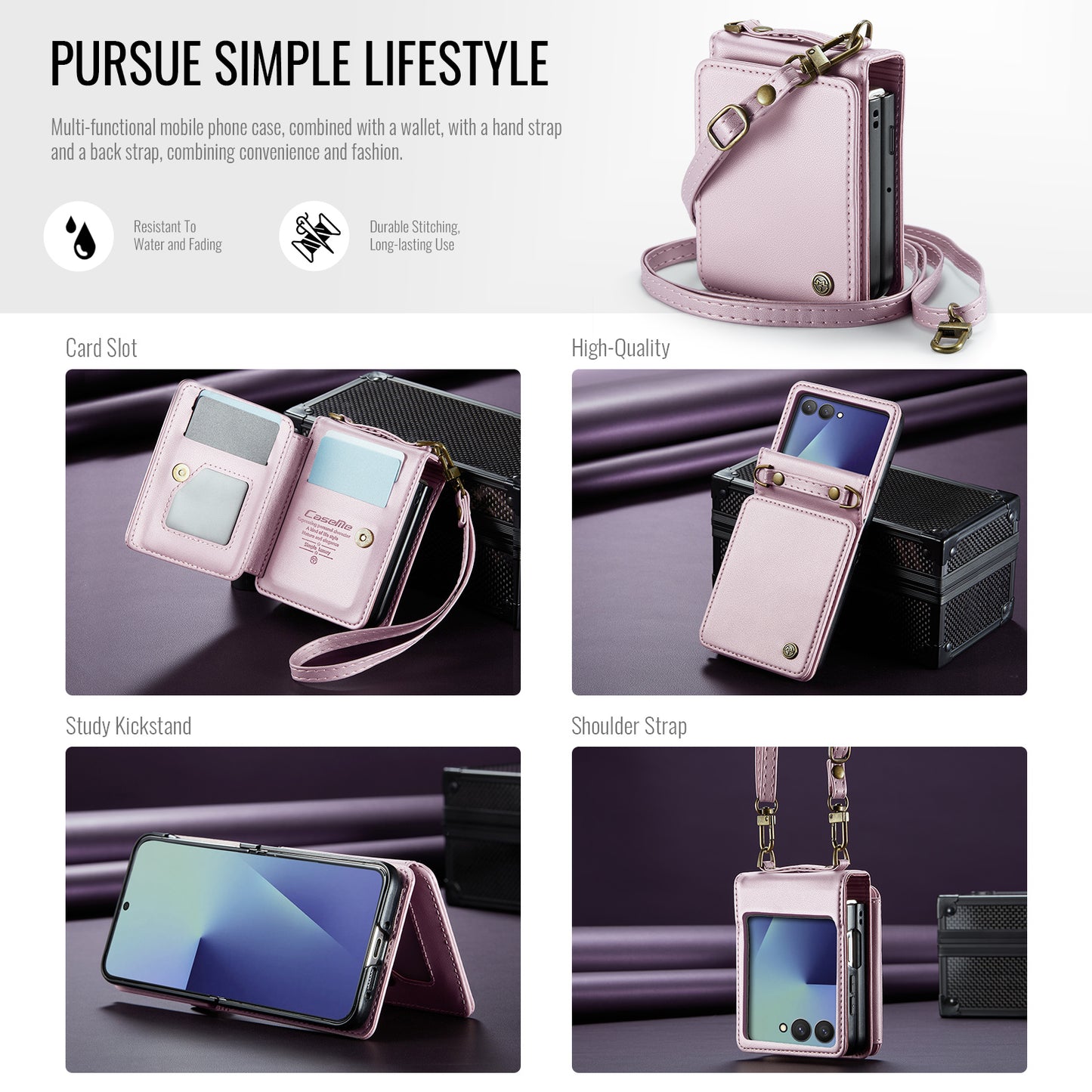 For Samsung Galaxy Z Flip7 5G Case with RFID Blocking 5 Card Slots CASEME C22 Leather Back Cover - Pink