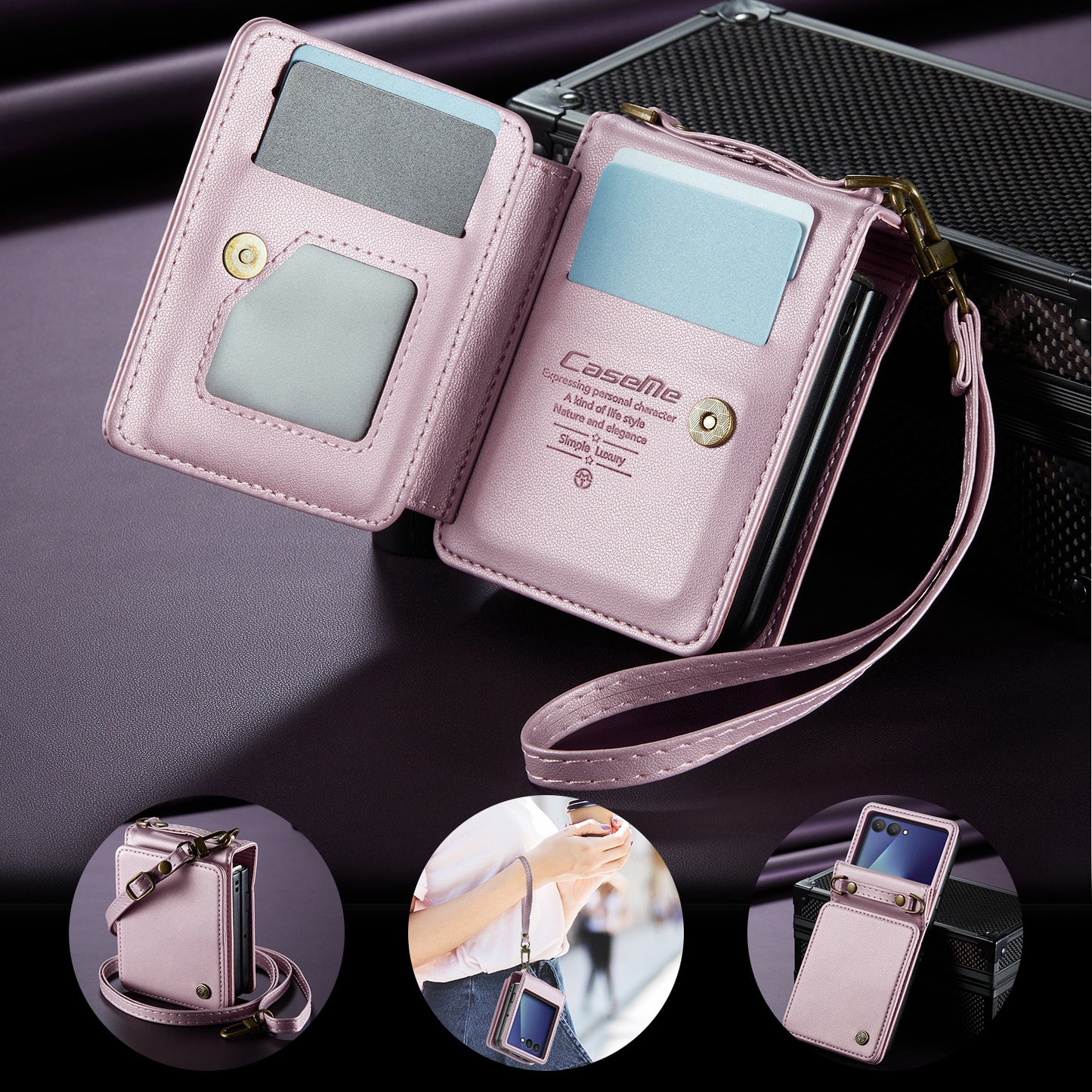 For Samsung Galaxy Z Flip7 5G Case with RFID Blocking 5 Card Slots CASEME C22 Leather Back Cover - Pink