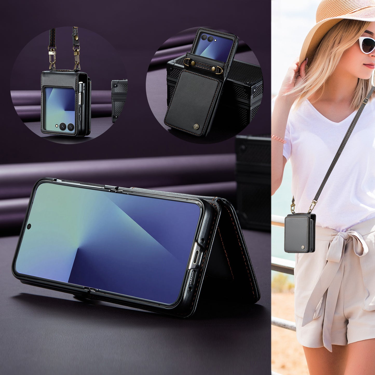 For Samsung Galaxy Z Flip7 5G Case with RFID Blocking 5 Card Slots CASEME C22 Leather Back Cover - Black
