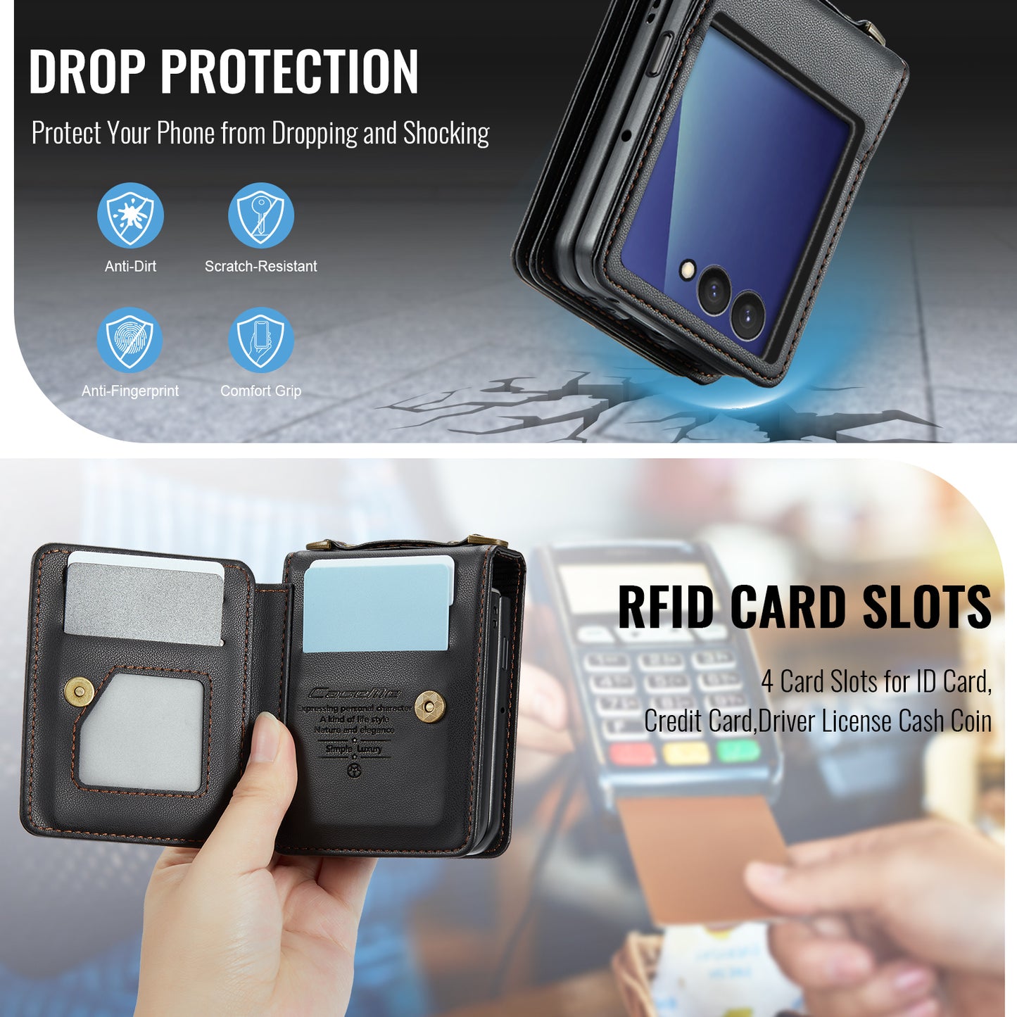 For Samsung Galaxy Z Flip7 5G Case with RFID Blocking 5 Card Slots CASEME C22 Leather Back Cover - Black